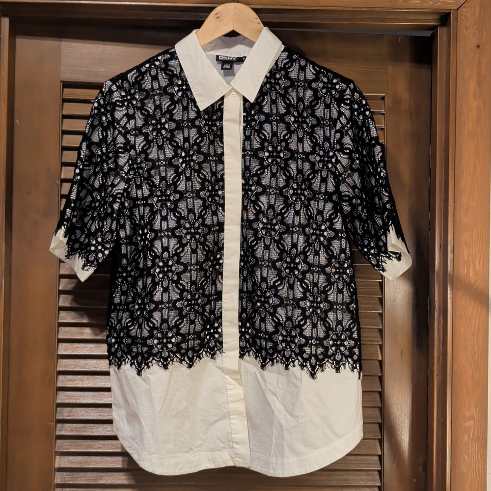 DKNY Black Lace Overlay White Button-Down Top